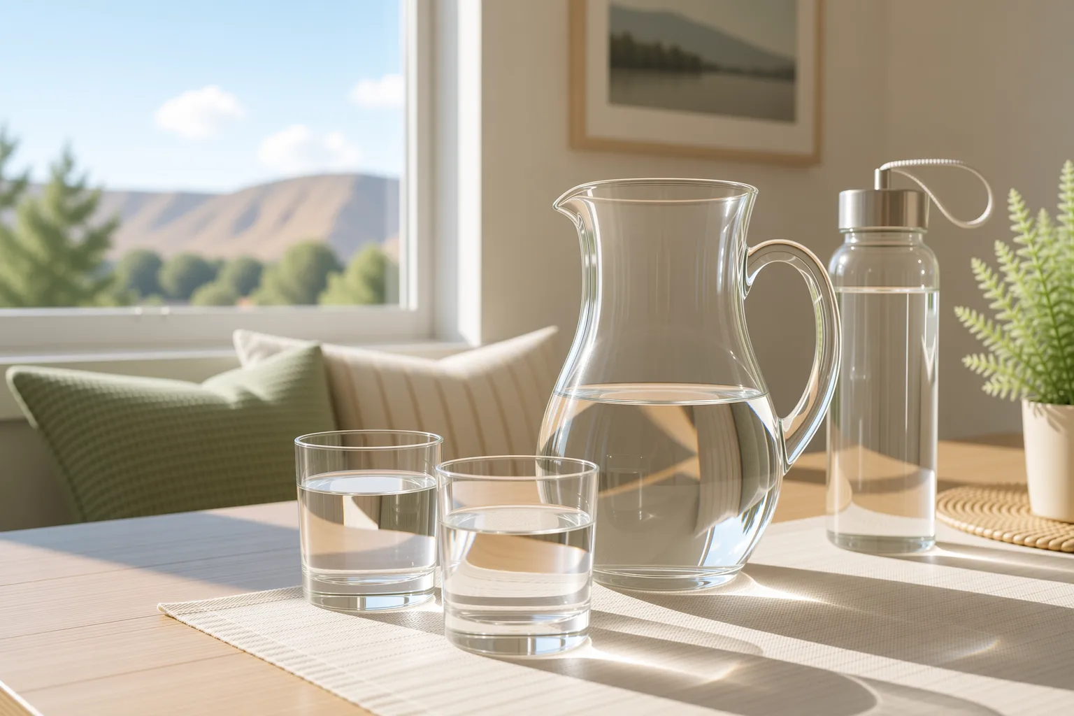 Clear drinking water in a glass pitcher and glasses on a sunlit table