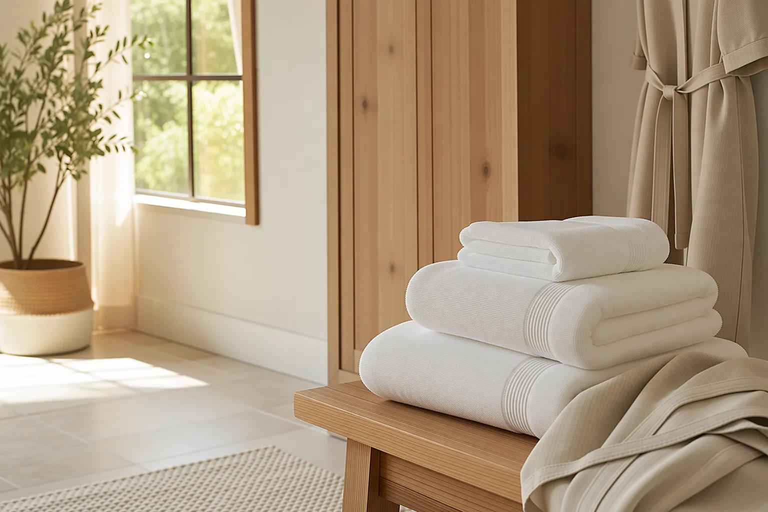 Soft white towels in a warm, sunlit home
