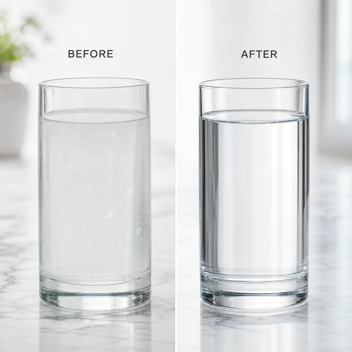 Untreated water next to softened, filtered water in matching glasses